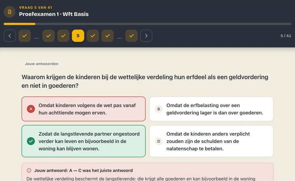 Een nagekeken vraag uit een proefexamen: het gekozen antwoord A is fout gemarkeerd, C is het juiste antwoord, met de uitleg eronder.