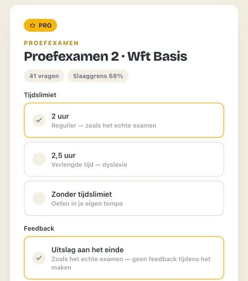 De startkaart van een proefexamen met de keuze voor tijdslimiet en feedback.