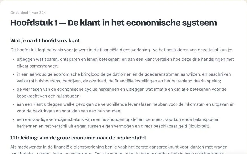 Een onderdeel van de syllabus in de leesweergave met de knoppen vorige en volgende.